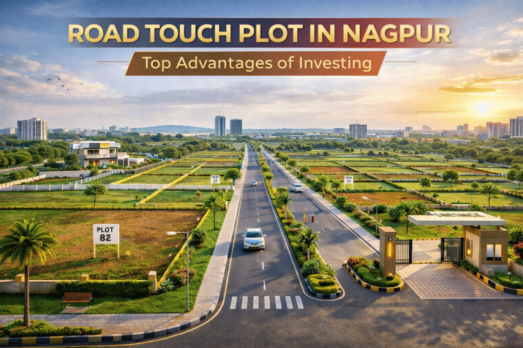 Road touch plot in Nagpur with wide paved road frontage, clear boundaries, and modern township infrastructure