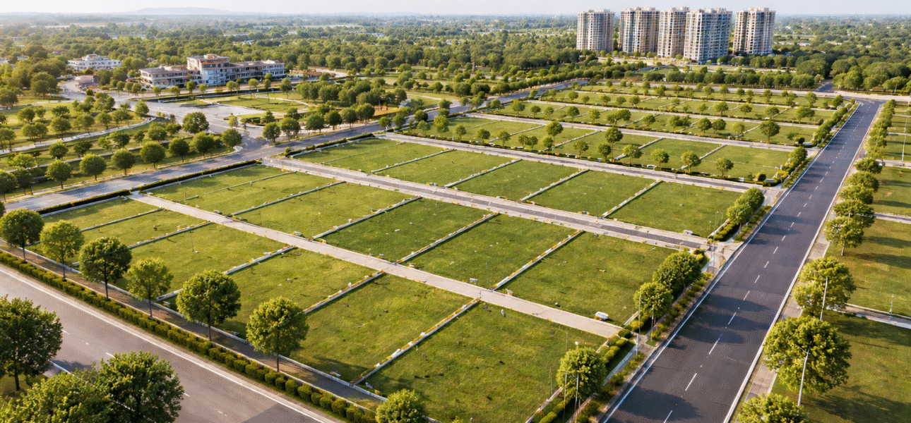 Residential Plots for Long Term Investment in Nagpur Residential plots in Nagpur with wide internal roads, marked boundaries, greenery, and planned township infrastructure