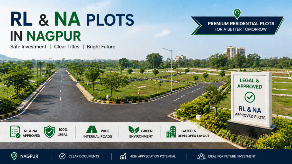 RL and NA plots in Nagpur with marked boundaries, wide roads, and approved residential township infrastructure