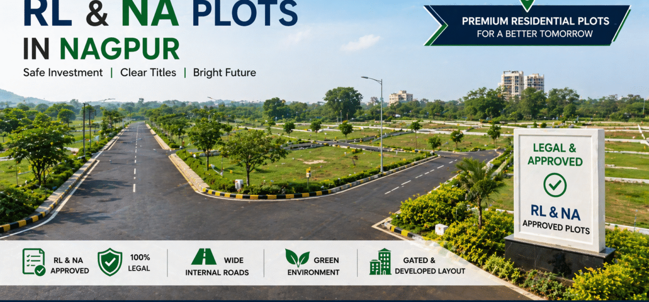 RL and NA plots in Nagpur with marked boundaries, wide roads, and approved residential township infrastructure