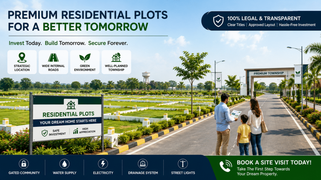 Residential plots with wide roads, marked boundaries, greenery, and modern township infrastructure