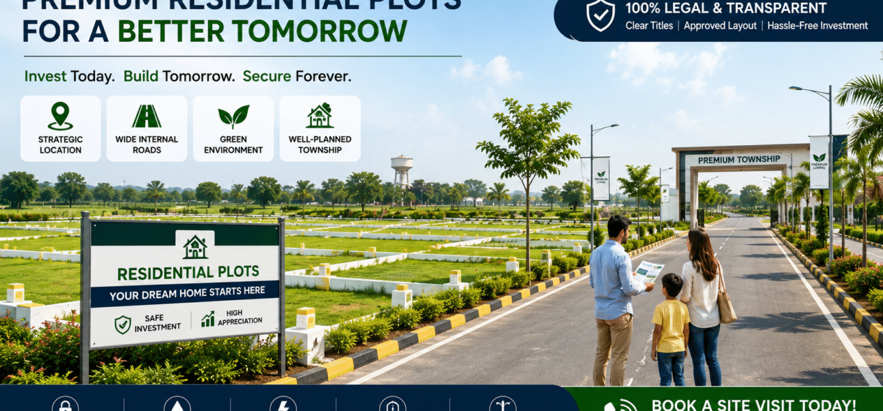 Residential plots with wide roads, marked boundaries, greenery, and modern township infrastructure
