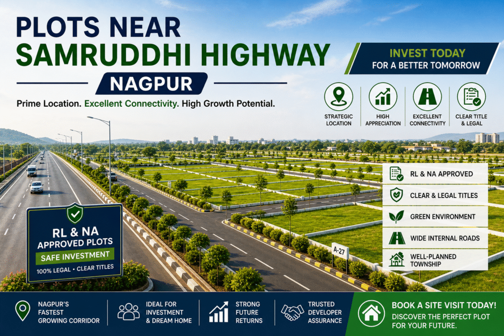 Residential plots near Samruddhi Highway Nagpur with wide roads, clear boundaries, greenery, and modern infrastructure