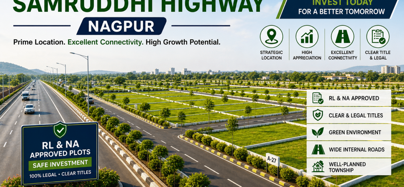 Residential plots near Samruddhi Highway Nagpur with wide roads, clear boundaries, greenery, and modern infrastructure