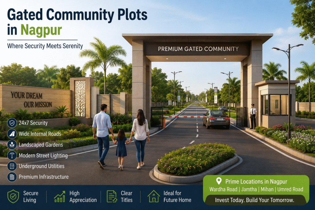 Gated Community Plots in Nagpur with modern infrastructure, landscaped greenery, security, and wide internal roads