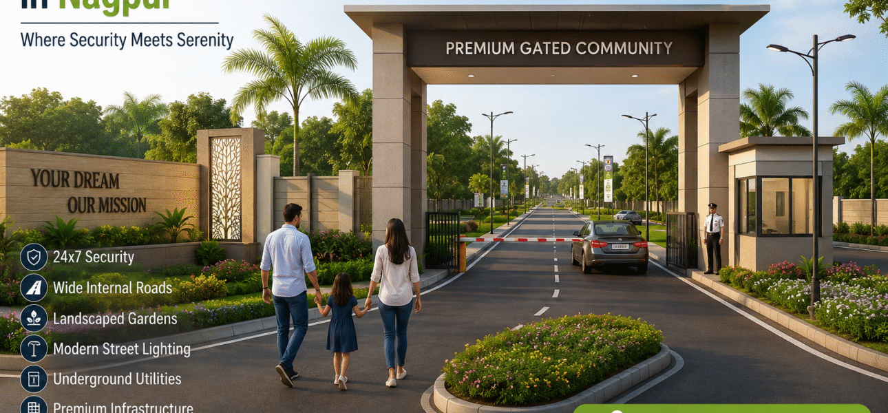 Gated Community Plots in Nagpur with modern infrastructure, landscaped greenery, security, and wide internal roads