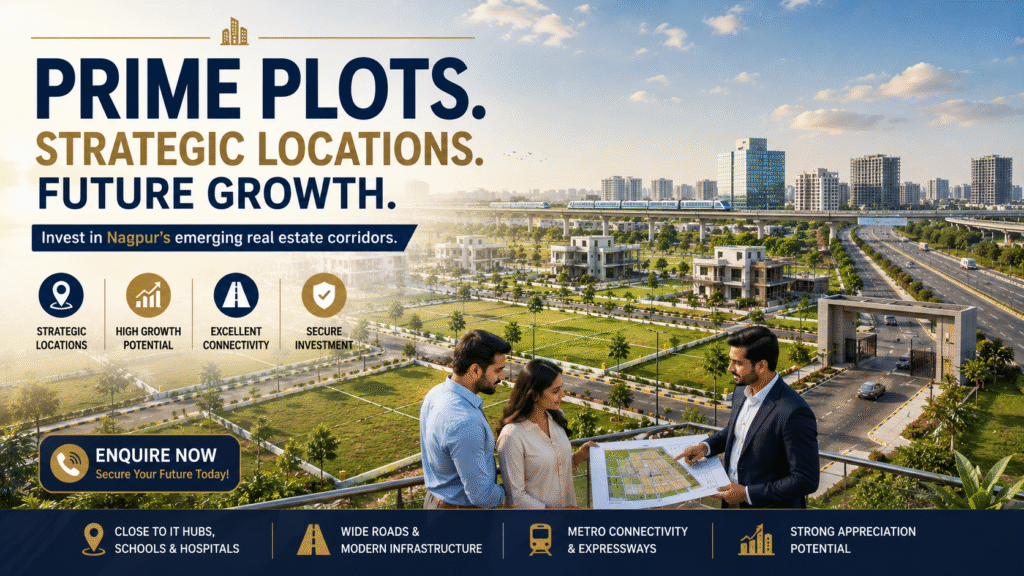 Best areas to buy plots in Nagpur featuring residential plots, wide roads, greenery, and modern infrastructure