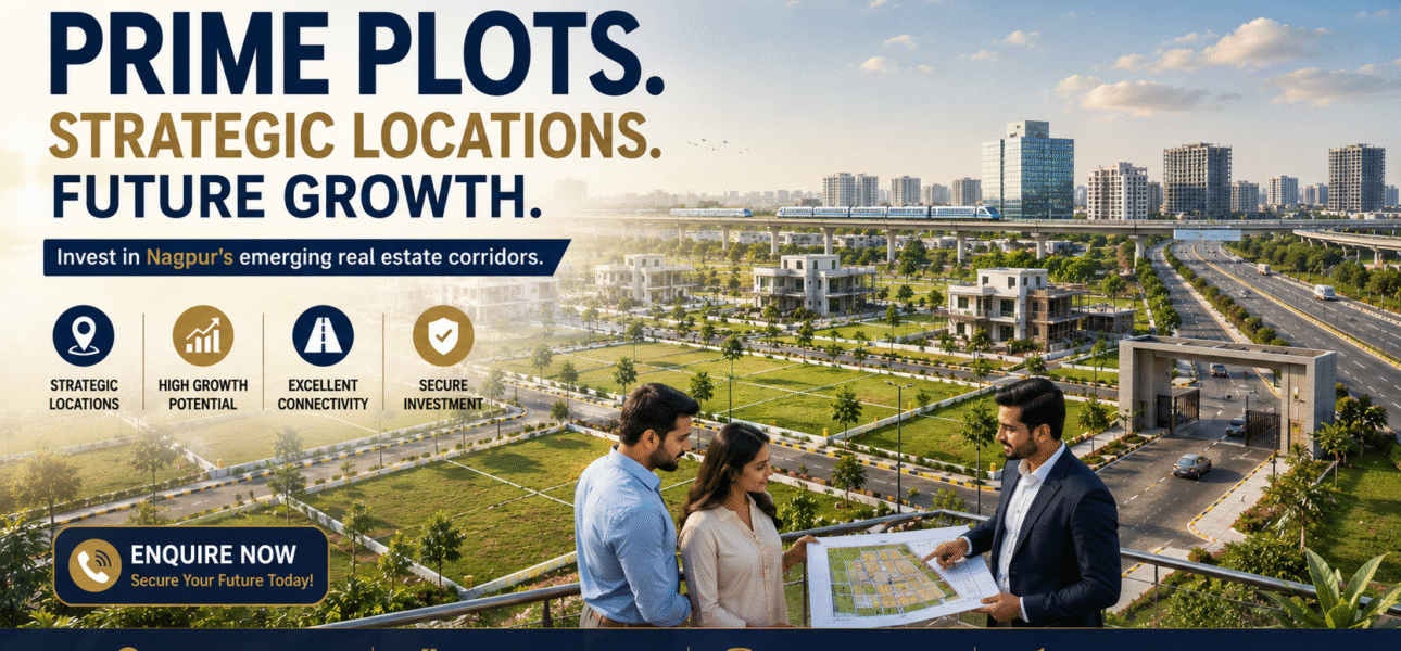 Best areas to buy plots in Nagpur featuring residential plots, wide roads, greenery, and modern infrastructure