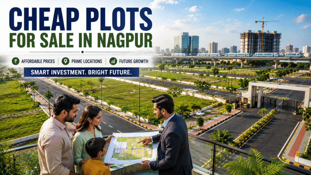 Cheap plots for sale in Nagpur with marked residential plots, wide roads, greenery, and developing infrastructure