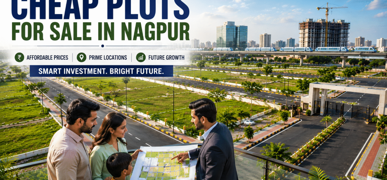 Cheap plots for sale in Nagpur with marked residential plots, wide roads, greenery, and developing infrastructure