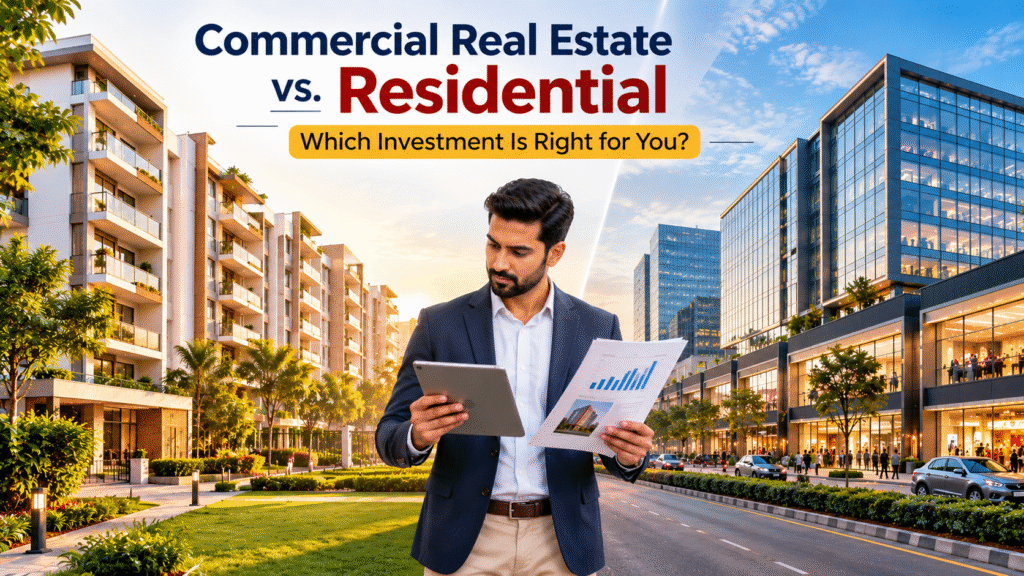 Commercial Real Estate vs. Residential investment comparison featuring an office building and modern residential apartments in India.