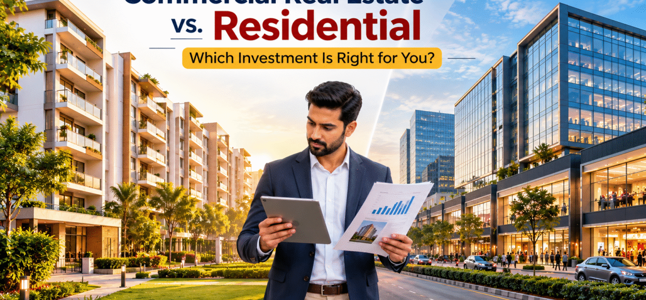 Commercial Real Estate vs. Residential investment comparison featuring an office building and modern residential apartments in India.
